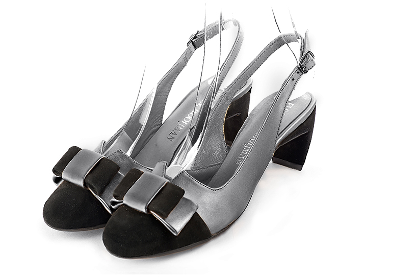Matt black and dove grey women's open back shoes, with a knot. Round toe. Medium comma heels - Florence KOOIJMAN